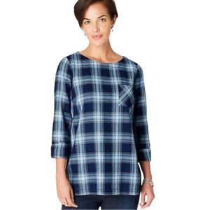 J. Jill Blue Plaid Top w Button Down Back Size L